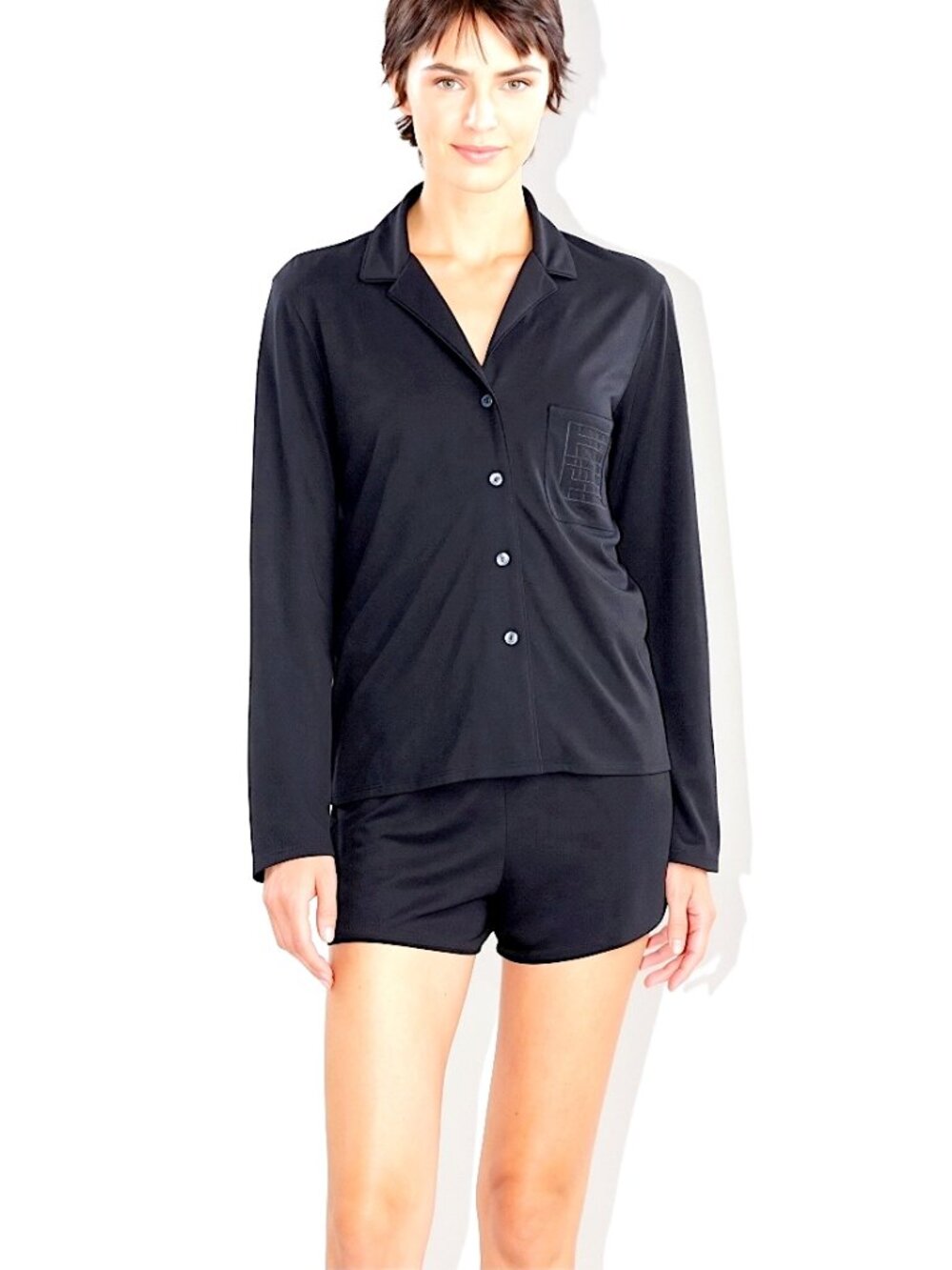 NWT NATORI Shangri-La Pajama Set in Black Long Sleeve Top & Shorts Size Medium